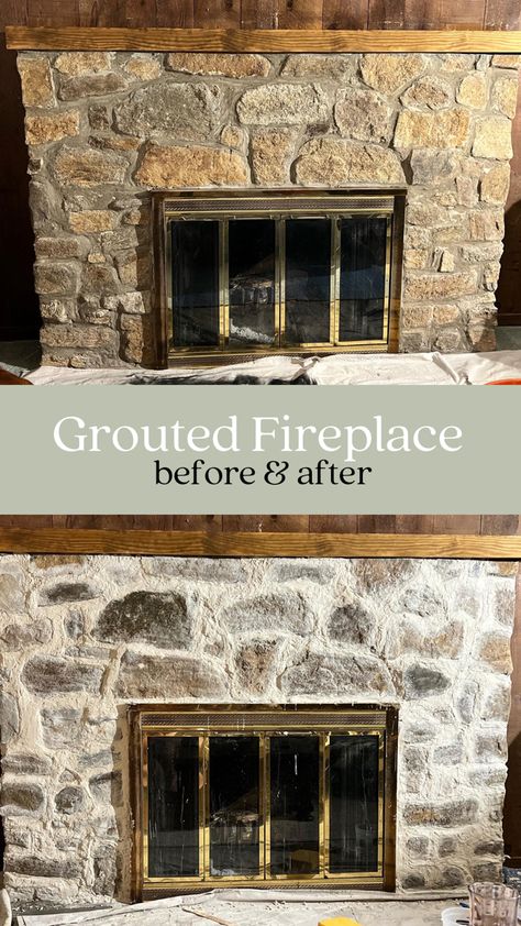 White Washed Brick And Stone Exterior, Mortar Wash Fireplace, Over Mortar Stone Fireplace, Dark Stone Fireplace Makeover, German Smear Rock Fireplace, Mortar Washed Stone Fireplace, White Washed Rock Fireplace, 90s Stone Fireplace Makeover, Mortar Wash Stone Fireplace