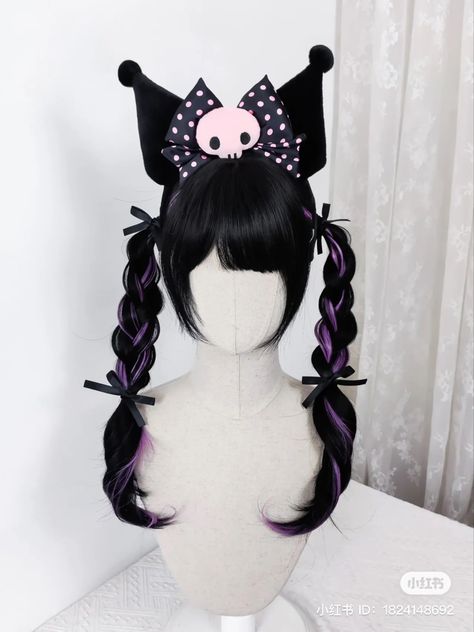 Kuromi Hairstyle, Dual Kawaii, Kuromi Cosplay, Kuromi Hair, Kuromi Birthday, Kuromi Outfit, Birthday Party Props, Sleek Ponytail Hairstyles, Gothic Hairstyles