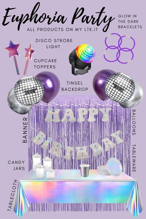 Euphoria 21st Birthday Party, Euphoria 21 Party Ideas, 18th Euphoria Party, Euphoria Themed Sweet 16 Party, 18th Birthday Euphoria Theme, Euphoric Theme Birthday Party, Euphoria Birthday Outfit Ideas, Euphoric Birthday Party, Euphoria Party Theme Decorations