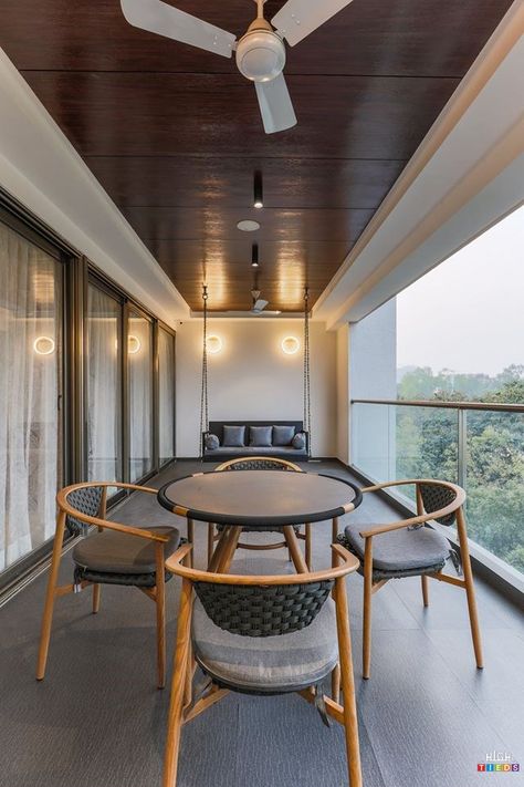 Modern Home Balcony Design, Balcony Ceiling Design Modern, Balcony False Ceiling Designs, Balcony Chairs And Table, Balcony Ceiling Ideas, Balcony Ceiling Design, Interior Design Balcony, Glass Ceiling Design, Balcony Interior Design