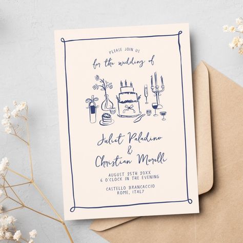 This wedding invitation is based on the popular hand-drawn trend that features French or Italian style food and beverages in a whimsical, doodle, scribble style. This design is ideal for a laid back, casual wedding in a garden. It features charming hand drawn illustrations of a vase of flowers, bottle of champagne, wedding cake, candle holder and glasses of wine. Hand Drawn Wedding Invitations Simple, Italian Style Wedding Invitations, Wedding Invitation Doodle, Wedding Invitation Handdrawn, Hand Drawn Invitations, Doodle Wedding Invitation, Doodle Invitation, Champagne Wedding Cake, Whimsical Wedding Stationery