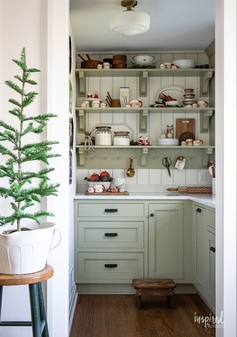 Butlers Pantry Farmhouse, Small Cottage Pantry, Peg Rail Under Kitchen Cabinet, Cottage Butlers Pantry, Butlers Pantry Lighting, Country Pantry Ideas, Cottage Core Pantry, Cottage Pantry Ideas, Vintage Butlers Pantry