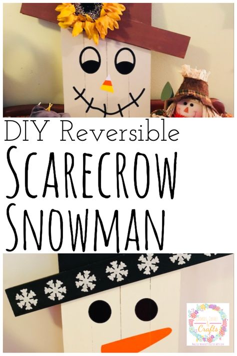 Porch Scarecrow Diy, Double Sided Signs, Double Sided Porch Signs, Diy Scarecrow For Porch, Snowman Shutters, Diy Wood Snowman, Scarecrow Contest, Pallet Snowman, Wood Scarecrow