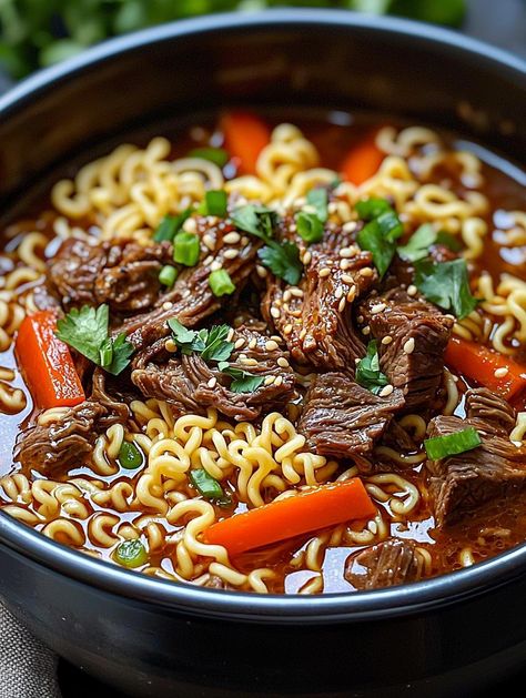 via @thenandnowspace Slow Cooker Beef Ramen, Beef Ramen Noodle Recipes, Beef Ramen Noodles, Beef Ramen, Ramen Noodle Recipes, Spicy Beef, Ramen Recipes, Comfort Dishes, Slow Cooker Soup