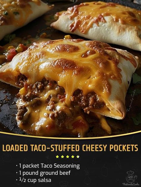 Easy and tasty recipes | These Taco-Stuffed Cheesy Pockets are a flavorful delight | Facebook Cheesy Taco Pockets, Taco Pockets, Cheese Quesadilla, Hot Pockets, Creamy Cheese, Egg Rolls, Taco Seasoning, Home Cooking, Ground Beef