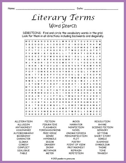 Free Printable Literary Terms Word Search Literary Devices Worksheet, Phonics Assessments, Free Word Search, Literary Terms, Elementary School Library, English Teaching Resources, Substitute Teaching, Word Search Printables, Literary Devices