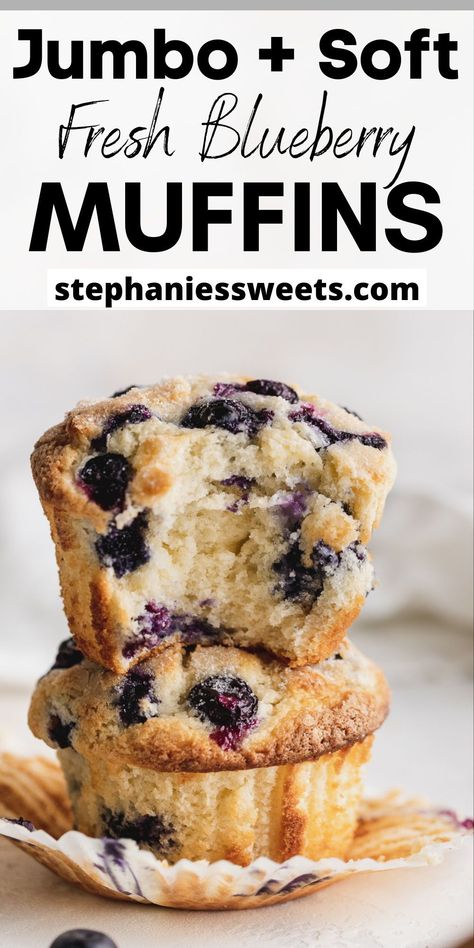 These easy jumbo blueberry muffins are full of fresh blueberries. They are super moist with sour cream and have a crunchy sugar topping. Giant Blueberry Muffins Recipe, Light And Fluffy Blueberry Muffins, Giant Blueberry Muffins, Bakery Style Blueberry Muffins Jumbo, The Best Blueberry Muffins Ever, Large Blueberry Muffins, Blueberry Muffins Sour Cream, Moist Blueberry Muffins Recipe, Big Blueberry Muffins