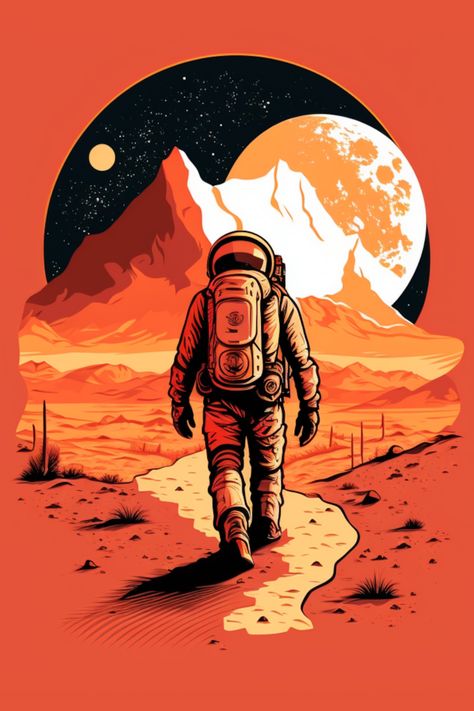 Immerse yourself in the endless universe with our stunning print art showcasing a lone astronaut trekking along a rocky mountain path on a barren planet. Against a captivating backdrop of a tranquil sky and utter isolation, this artwork transports you to an otherworldly realm. Ideal for space enthusiasts, astronomers, and those who appreciate the enigmatic allure of the cosmos. #givememood #astronaut #spaceexploration #universe #printart #solitude #isolation #astronomy #otherworldly #homedecor Croquis, Astronaut Comic Art, Astronaut Art Wallpaper, Space Man Art, Barren Planet, Path Drawing, Path Illustration, Outer Space Drawing, Astronaut Artwork