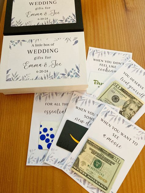 Are you looking for a personalized wedding gift  or bridal shower gift that will actually get used? Give the newlyweds a unique book filled with gift cards to all of their favorite places and experiences!  The box is 5x7 inches and includes 20 4x6 cards to add cash or gift cards to. There is a message card included that you can personalize along with 2 blank cards. Simply use the cards you want and take out the rest! There are options for your favorite retailers, restaurants, and goodies. Attach Date Night Gift Card Basket, Fun Ways To Give Money As A Bridal Shower Gift, Bridal Shower Gift Card Ideas, Gift Card Wedding Gift Ideas, Wedding Shower Money Gift Ideas, Gift Card Bridal Shower Ideas, Bridal Shower Gift Card Presentation, Bridal Shower Money Gift Ideas, Wedding Gift Money Ideas