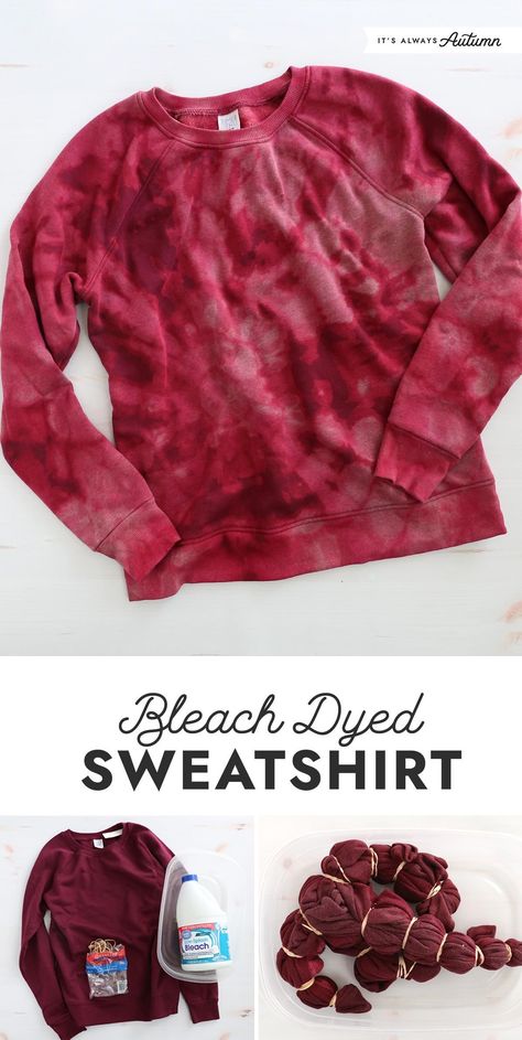 This bleach dyed sweatshirt only takes a couple of supplies you probably already have on hand! Full tutorial plus FAQs for this easy craft. Upcycling, Bleach Tie Dye Red Shirt, Bleaching Hoodie Diy, Diy Bleached Sweatshirt, Red Bleached Shirt, How To Bleach A Sweatshirt, Bleached Sweatshirt Ideas Diy, Bleach Dyed Hoodie, Bleach Sweatshirt Diy