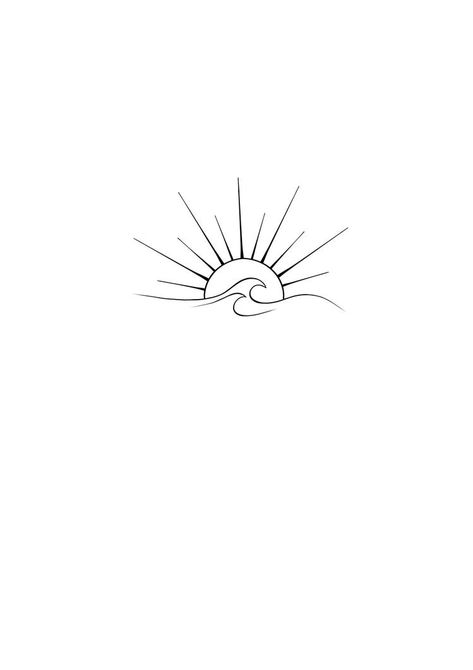 Sunset With Waves Tattoo, Sun And Surf Tattoo, Half Sunset Tattoo, Sun And Wave Drawing, Mother Sun Tattoo, Ocean Love Tattoo, Fineline Sunset Tattoo, Elegant Line Art, Day And Night Tattoo Matching