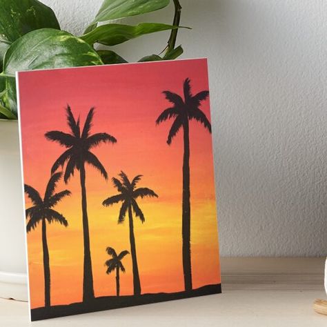 Professionally printed on firm, textured mat boards perfect for desks and shelves. Supplied with 3M velcro dots to easily affix to walls. Available in standard sizes. Hand painted sunset with palm tree silhouette Sunset And Palm Trees Painting, Palm Tree Silhouette Sunset, Sunset Texture Painting, Canvas Painting Silhouette, Sunset Aesthetic Drawing Easy, Easy Sunrise Painting Simple, Palm Tree Silhouette Painting, Easy Acrylic Painting Ideas Sunset, Sip Paint Ideas