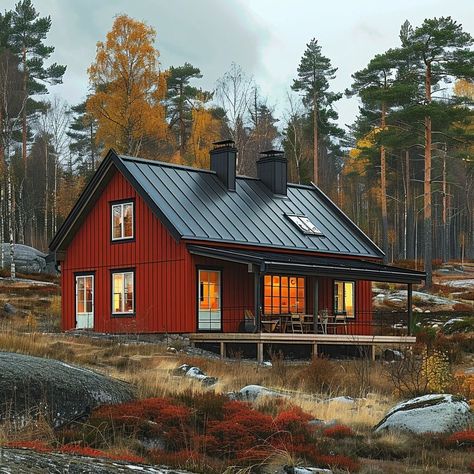 Cabins With White Windows, Swedish Architecture Traditional, Norway House Cottages, Red Scandinavian House, Traditional Swedish House, Red Architecture Aesthetic, Scandinavian Home Design Architecture, Norwegian House Exterior, Red House Aesthetic