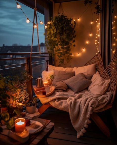 Cozy Balcony Design, Living Room Without Sofa, Shower Goals, Floor Lanterns, Bedroom Inspiration Cozy, Cozy Balcony, Outdoor String Lights, Cozy Patio, Bath Bathroom