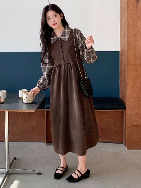 Women's Plaid Patchwork 2 in 1 Dress Brown Casual  Long Sleeve Fabric Gingham,Plain Smock Non-Stretch  Women Clothing, size features are:Bust: ,Length: ,Sleeve Length: Dreamy Fashion, 2 In 1 Dress, 21st Dresses, Shein Dress, Women Long Dresses, Dress With Cardigan, Long Dresses, Kids Beachwear, Womens Plaid