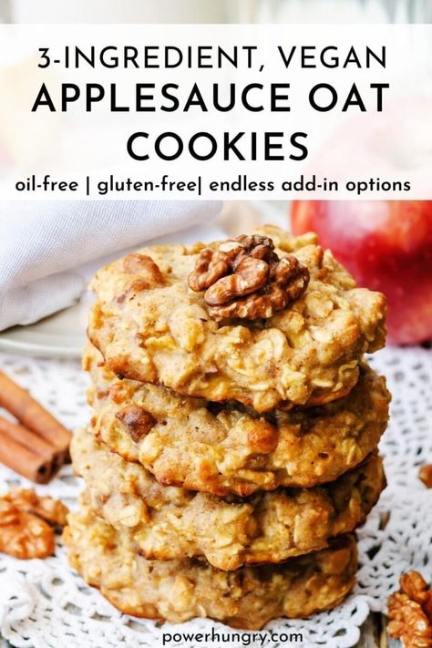 3-Ingredient vegan applesauce oat cookies are oil-free, gluten-free & endlessly variable! Enjoy them for breakfast, snack-time, or dessert. #applesauce #wfpb #wfpbno #oilfreecookies #3ingredients #oats #3ingredientrecipe #3ingredientcookies #wfpbnobaking #oilfreevegan #plantbased #cleaneating #cleaneats #applesaucecookies #oatcookies #wfpbnorecipe #wfpbbaking #wfpbnocookies #wfpbfamily #wfpbrecipes #breakfastcookie #toddlercookie Healthy Chewy Oatmeal Cookies, 2 Ingredient Vegan Recipes, Healthy Oatmeal Recipes Cookies, Fat Free Sugar Free Recipes, Dairy Free Breakfast Cookies, Baking With Applesauce Healthy, Healthy Oat Cookie Recipes, Gluten Free Dairy Free Egg Free, Oatmeal Vegan Cookies