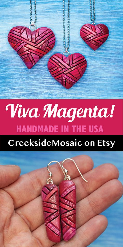 Jewelry in Pantone color of the Year Viva Magenta 2023 Pantone, Clay Mosaic, Jewelry Animals, Heart Polymer Clay, Heart Mosaic, Energizing Colors, Clay Arts, Peoria Illinois, Mosaic Jewelry