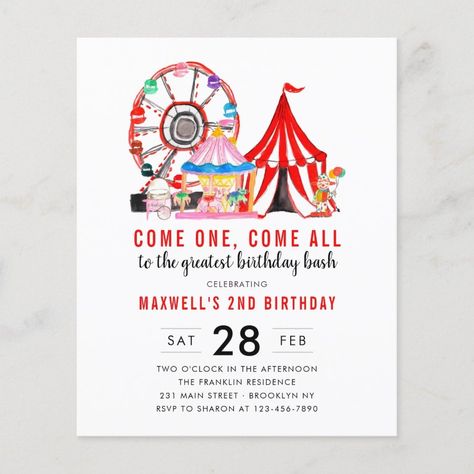 Budget Carnival Circus Show Birthday Invitation  Zazzle Modern Carnival, Three Ring Circus, Circus Themed Birthday Party, Carnival Birthday Invitations, Circus Festival, Carnival Theme Party, Carnival Birthday Party Theme, Theme Carnaval, Circus Show