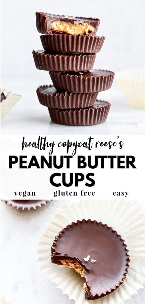 Learn how to make a delicious DIY healthy homemade peanut butter cups recipe that rivals the classic Reeses chocolate cups, but made vegan, gluten free, dairy free, and with just 3 simple ingredients! Healthy Homemade Peanut Butter, Healthy Peanut Butter Cups, Peanut Butter Cups Recipe, What Is Healthy Food, Reese's Chocolate, Homemade Peanut Butter Cups, Peanut Butter Filling, Homemade Peanut Butter, Healthy Peanut Butter