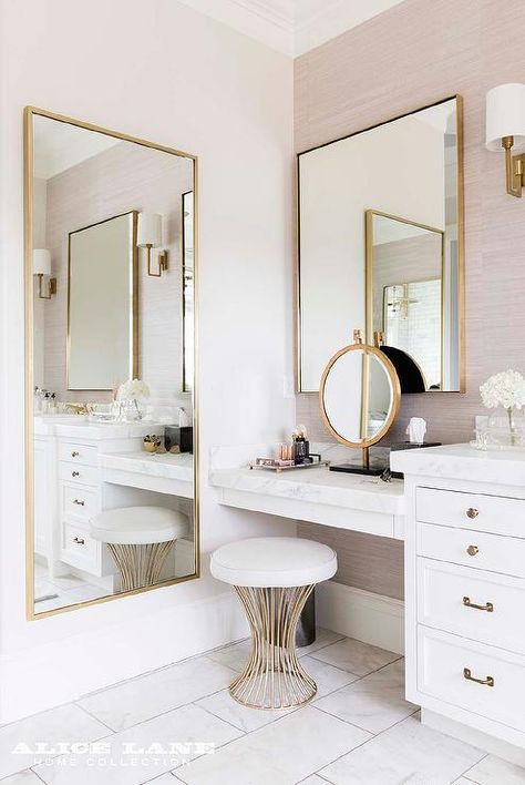 Gold full-length mirror beside a makeup vanity topped with marble counters dropped from a washstand with white shaker cabinets and brass hardware. Modern Interior Design, Bathroom Interior, Vanity Small, Trendy Bathroom, Simple Bathroom, Beauty Room, Design Case, 인테리어 디자인, تصميم داخلي