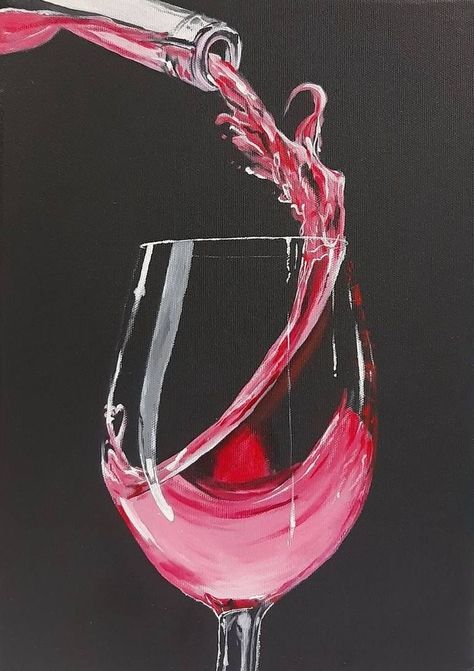 Wine Glass Art Paintings, Wine Bottle Painting On Canvas, Wine Art Drawing, Drinking Painting, Wine Glass Drawing, Surreal Art Painting, Red Drink, Paint And Drink, Drink Art