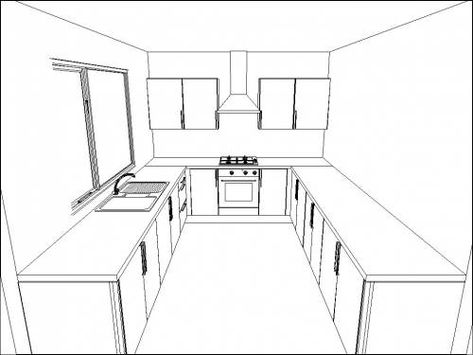 3D CAD image of the U Shape kicthen layout L Shape Kitchen Design, L Shape Kitchen Layout, L Shaped Kitchen Designs, Kitchen Elevation, Galley Kitchen Layout, Kitchen Drawing, Interior Architecture Drawing, Open Plan Kitchen Living Room, Shaker Style Kitchens