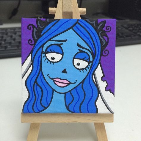 Finished Corpse Bride Mini-canvas 😊 #Emily #CorpseBride #TimBurton #Zombie #Halloween #Wedding #Bride #minicanvas #POSCA Corpsebride Emily, Bride Corpse, Halloween Canvas Paintings, Disney Canvas Art, Hippie Painting, Small Canvas Paintings, Pop Art Canvas, Simple Canvas Paintings, Cute Canvas Paintings