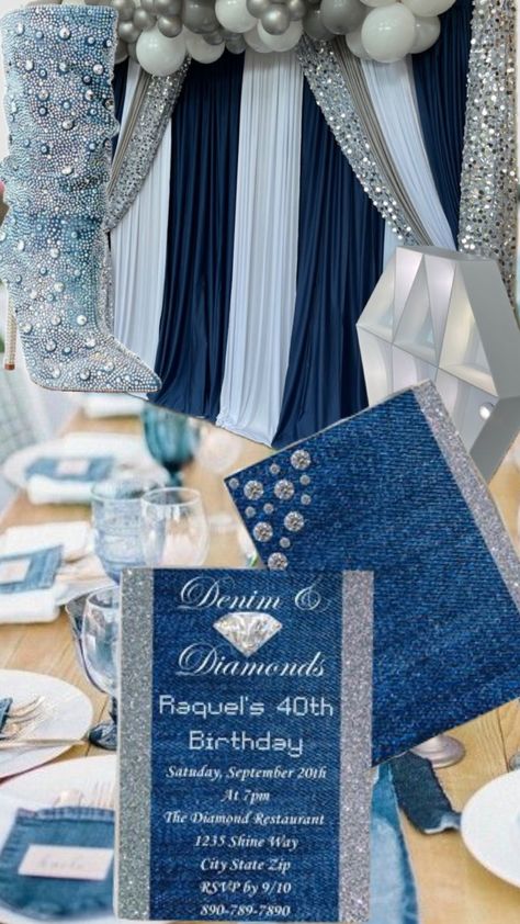 Diamonds and Denim Party #diamondsanddenim Denim Decorations Party Ideas, Denim And Diamonds Gala, Denim Party Decorations, Denim And Pearls Party Ideas, Denim Diamonds Theme Party, Rodeo Prom, Denim And Diamonds Party Outfit, Denim And Diamonds Party, Denim Disco