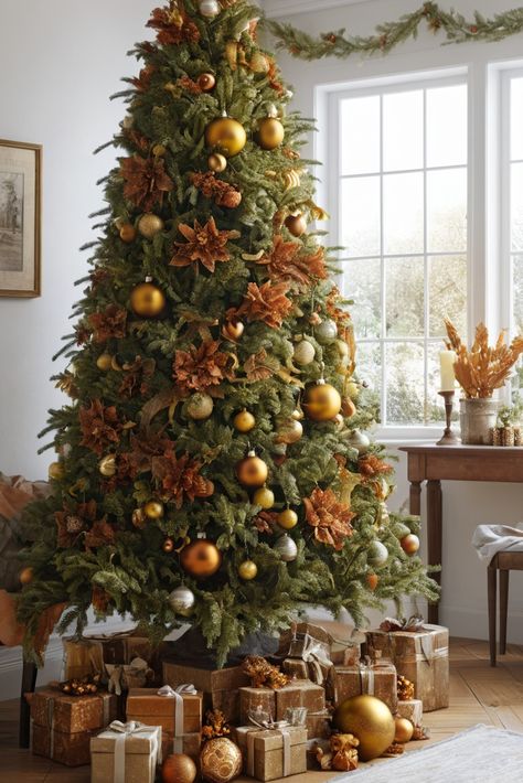 Merge the beauty of autumn with the joy of Christmas by using rust, moss, and gold in your tree decor. Discover how to incorporate natural elements for a warm and inviting holiday display! Autumn Tree Decor, Terra Cotta Christmas Tree, Copper Christmas Tree Color Schemes, Orange Christmas Tree Decorations, Burnt Orange Christmas Tree, Orange Christmas Decor, Christmas Tree Color Schemes, Orange Christmas Tree, Christmas Tree Colour Scheme