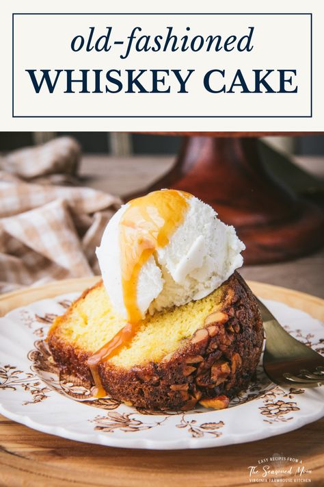 A perfect celebratory dessert for the holidays! This easy whiskey cake recipe starts with a box of cake mix for a moist, flavorful, and quick yellow Bundt cake that's topped with walnuts and soaked with a rich, butter-whiskey glaze. The old-fashioned treat has been a favorite for generations! Yellow Bundt Cake, Whiskey Cake Recipe, Whiskey Glaze, Whiskey Cake, Easy Cake Recipes, Bundt Cake, Cake Recipe, Old Fashioned, Whiskey