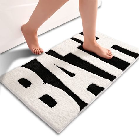 PRICES MAY VARY. ❤BATH 3D Design❤: The bathroom rug top is printed with the word "BATH", and looks atmospheric, simple, and fashionable, and the bath rugs designed for your bathroom, can well decorate your bathroom and make your bathroom more fashionable and eye-catching. ❤Non Slip TPR backing❤: Our non slip bathroom mat backing is made of durable TPR material with regular and beautiful texture, which has a better visual effect and stronger friction. Floor mat performance is far better than that Bathroom Mistakes, Black And White Bathroom Rug, Unique Bath Mats, Vanity Small, White Bathroom Rug, Vanity Modern, Vanity Black, White Bath Mat, Cute Bath Mats