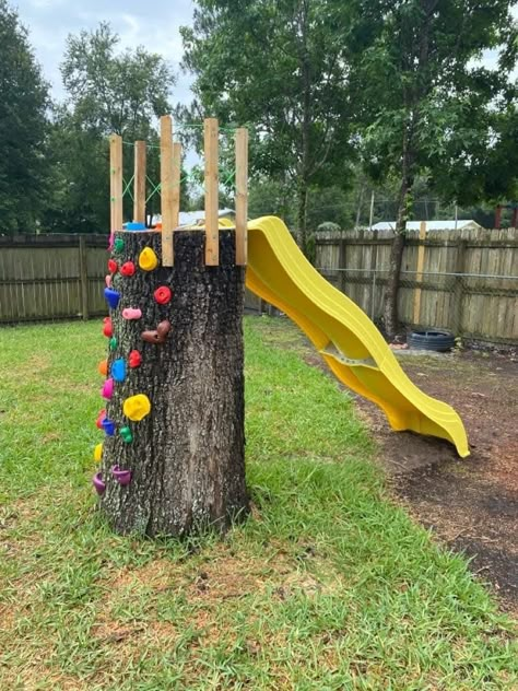 Natural Playground Diy Simple, Diy Play Equipment Outdoor, Diy Backyard Slide, Diy Outdoor Playscape, Back Yard Kid Friendly Ideas Diy, Tree Stump Playground, Outdoor Play Spaces Diy, Dirt Play Area, Outdoor Natural Play Spaces