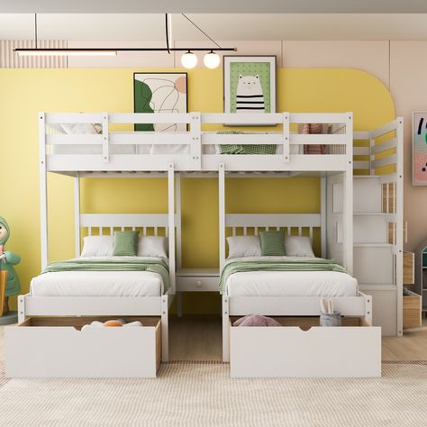 A perfect space-saving solution for multi-child families. Triple Bed, Bunk Bed With Drawers, Trundle Bed With Storage, Triple Bunk Beds, Triple Bunk Bed, Bunk Beds With Drawers, Triple Bunk, Wooden Bunk Beds, Two Twin Beds