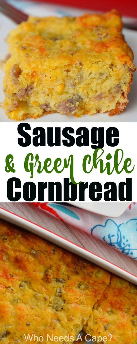 Sausage & Green Chile Cornbread is almost a meal in itself. Perfect for brunch or as part of a holiday meal. You'll love this deliciously easy side dish. #ad #JimmyDeanRollSausage @tysonfoods #casserole #sausage #cornbread #holidayfood #brunch #easyrecipe #cheese #greenchilies #holidayparty #entertaining Chile Cornbread, Cornbread Breakfast, Green Chile Cornbread, Sausage Cornbread, Sausage Cornbread Stuffing, Cornbread Recipes, Mexican Cornbread, Chili And Cornbread, Diy Easy Recipes