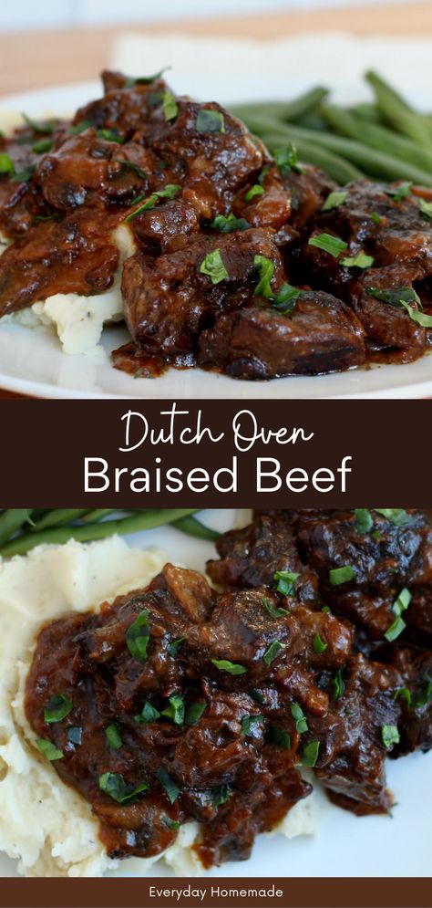 Simplify your dinner routine with this easy one-pot Dutch Oven Braised Beef. Indulge in the rich, tender goodness of beef steak tips enveloped in a savory mushroom gravy. This comfort food classic is easy to make and perfect for those cozy nights. Dutch Oven Steak, Dutch Oven Roast Beef, Oven Steak Recipes, Beef And Mushroom Recipe, Oven Steak, Easy Dutch Oven Recipes, Dutch Oven Beef Stew, Comforting Recipes, Braised Beef Stew