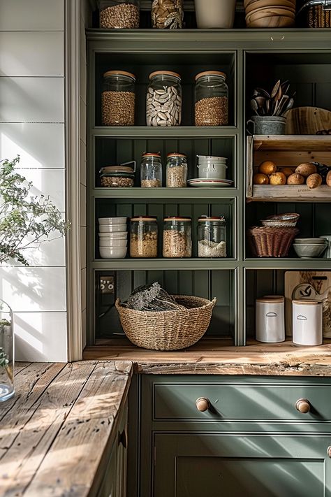 Green Pantry Shelves, Butcher Block Butlers Pantry, Butlers Pantry Farmhouse, Cottage Style Pantry, English Cottage Pantry, House Interior Pantry, English Country Pantry, Beautiful Pantry Ideas, Cottage Core Pantry