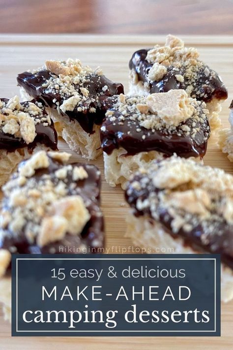 Rice Krispies Treats s'mores, which are excellent make-ahead camping desserts Camping Sweet Treats, Camping Sweets Desserts, Fun Camping Desserts, Camping Baking Ideas, Camp Deserts, Camping Desert Ideas, Simple Camping Desserts, Festival Food Ideas Camping, Easy Dessert For Camping