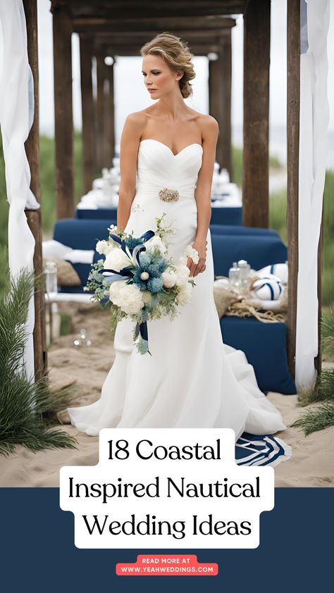 A stunning bride stands on a beach with nautical wedding decor, featuring anchor motifs, coastal colors, and maritime details, perfect for a seaside celebration. Yacht Wedding Decorating Ideas, Wedding Nautical Theme, Coastal Wedding Ceremony Decor, Nautical Wedding Bouquet, Boat Theme Wedding, Wedding Boat Decorations, Sailboat Wedding Decor, Boat Wedding Ideas, Boat Wedding Reception