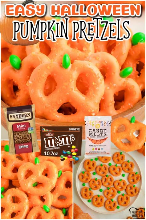 Easy Pumpkin Pretzels are orange chocolate covered pretzels that look like cute pumpkins! Chocolate covered pretzels for Halloween are fun & festive treats for your Fall party! Orange Chocolate Covered Pretzels, Chocolate Covered Pretzels Halloween, Kids Cupcakes, Pumpkin Pretzels, Halloween Pretzels, Pumpkin Snack, Cookie Board, Fun Halloween Treats, Cute Pumpkins