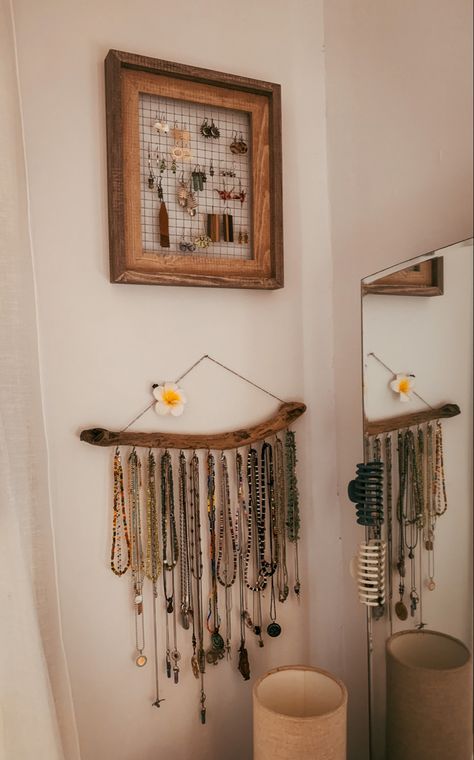 Necklace holder | earring holder | necklace storage | earring storage Necklace And Earring Organizer, Holder For Earrings, Hanger Necklace Holder, Earring Storage Aesthetic, Necklaces Organizer, Diy Jelewry Holder, Earing Holders Diy, Diy Earring Hanger, Earrings Stand Diy