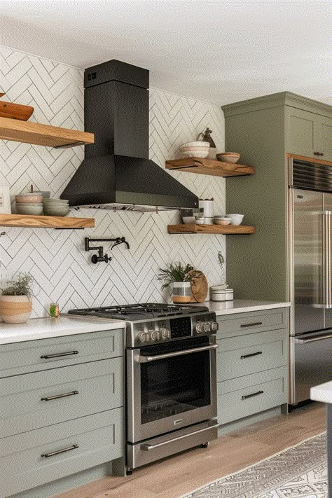 Sage Kitchen Cabinets Modern, Sage Kitchen Appliances, Modern Sage Green Kitchen, Gray Green Cabinets Kitchen, White Kitchen Green Accents, Sage Kitchen Walls, Sage Kitchen Ideas, Sage And White Kitchen, Sage Cabinets Kitchen