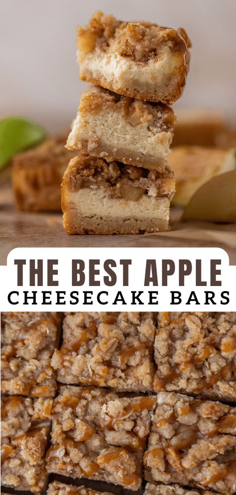 This easy Apple cheesecake bars recipe has a layer of shortbread cookie, cheesecake, cinnamon apples, and oat streusel! It's so good! Easy Apple Cheesecake, Cheesecake Cinnamon, Apple Cheesecake Bars, Cake Bars Recipe, Apple Cream Cheese, Cookie Cheesecake, Cream Cheese Bars, Best Thanksgiving Recipes, Pumpkin Spice Recipe