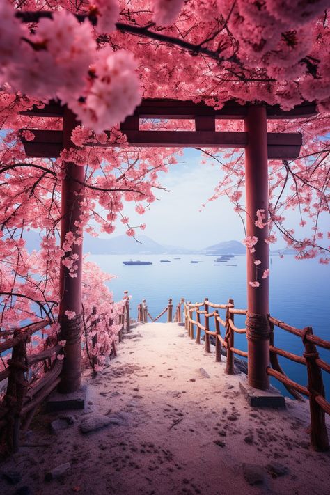 A Torii Gate is covered with beautiful Cherry Blossom flowers. This is an AI artwork made by using Midjourney. Fantasy Cherry Blossom Forest, Cherry Blossom Anime Background, Japan Cherry Blossom Aesthetic, Japanese Cherry Blossom Aesthetic, Fantasy Cherry Blossom, Japan Sakura Cherry Blossoms, Cherry Blossom Anime, Japan Blossom, Wallpaper Cherry Blossom