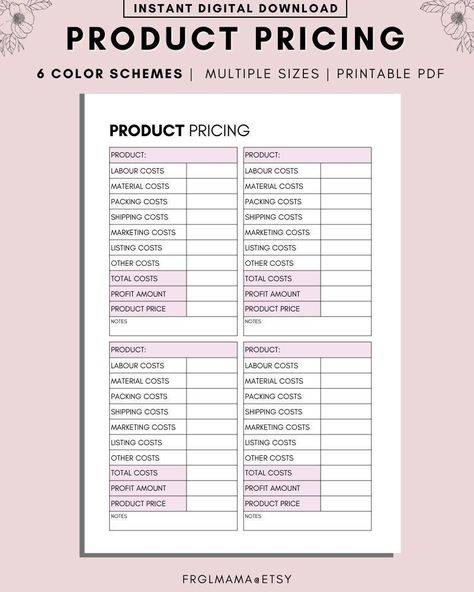 Product Pricing Printable, Item Pricing, Product Price Calculator, Business Costs, Small Business, Planner Insert, A4, A5, Letter Small Business Financial Planner, Small Business Set Up, Business Planner Printables, Price Calculator, Travel Planner Template, Pricing Templates, Small Business Organization, Small Business Planner, Small Business Social Media