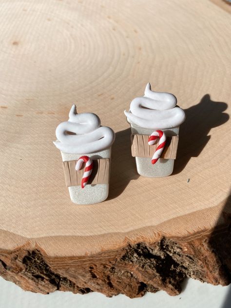 Show off your love of peppermint mocha lattes this winter with these handmade stud earrings 🌨 made from polymer clay Surgical steel posts, hypoallergenic 1 inch long x .5 inch wide Polymer Clay Starbucks, Christmas Polymer Clay Ideas Simple, Christmas Clay Stud Earrings, Holiday Clay Earrings Diy, Polymer Clay Christmas Earrings Tutorial, Polymer Clay Christmas Charms, Christmas Clay Earrings Ideas, Christmas Clay Ornaments Diy, Christmas Polymer Earrings