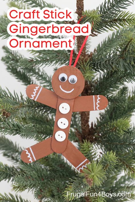 Craft Stick Gingerbread Man Ornament - Frugal Fun For Boys and Girls Easy Gingerbread Ornaments For Kids, Gingerbread Christmas Crafts For Kids, Gingerbread Man Ornaments For Kids, Gingerbread House Ornaments For Kids, Holiday Ornaments For Kids To Make At School, Ginger Man Crafts For Kids, Gingerbread Ornament Craft, Gingerbread Crafts For Preschoolers, Christmas Ornaments Homemade For Kids