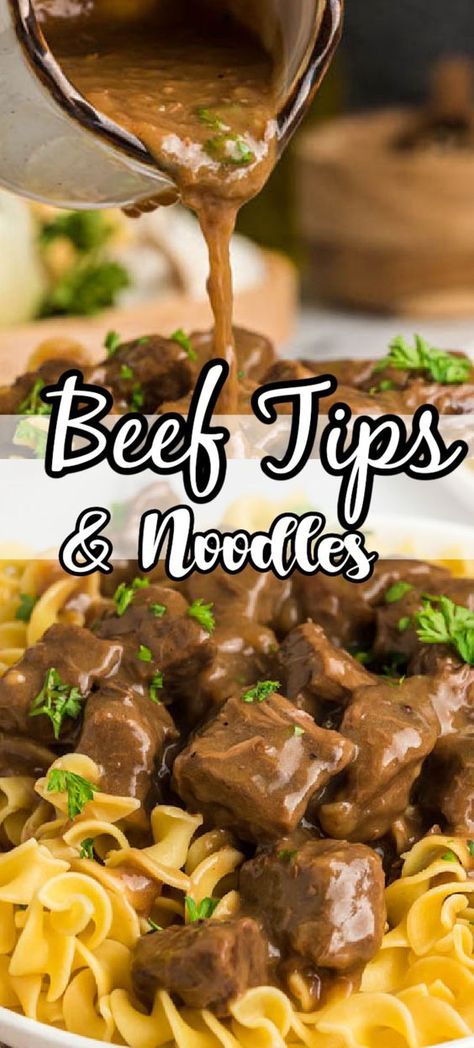 Discover the ultimate comfort food with this mouthwatering Beef Tips and Noodles recipe! Tender beef tips simmered in a rich, savory gravy, served over perfectly cooked noodles for a satisfying and delicious meal. Perfect for family dinners or gatherings, this easy-to-make dish is sure to impress! Click for the full recipe and helpful tips. #beefrecipes #comfortfood #noodles #easydinnerideas Beef Cubes And Noodles, Beyond Beef Tips Recipes, Beef And Noodles With Stew Meat, Beef And Noodles Dutch Oven, Beeftips Recipe Crockpot, Stew Meat And Noodles, Beef Tips And Gravy Oven, Crockpot Beef Tips And Noodles, Beef Tips And Egg Noodles