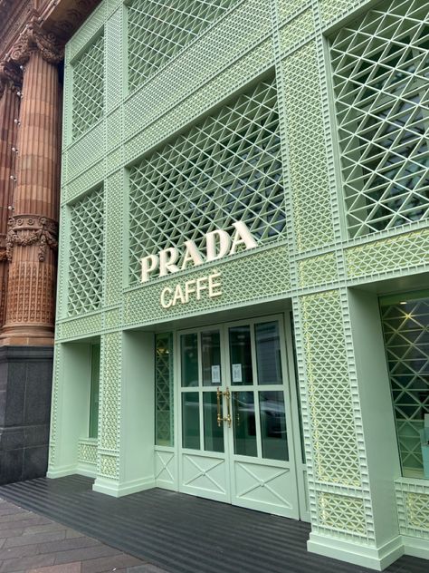 Prada Cafe, Pop Up Cafe, Green Cafe, London Cafe, Harrods London, London Aesthetic, Cafe Interior, Green Building, Cafe Design