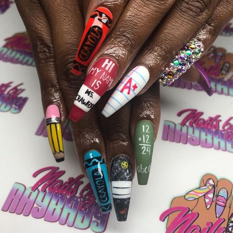 Ray♡Baby on Instagram: “#BackToSchoolNails #BackToSchool ————————————————- Come see me at the Bronner Bros Beauty Show  August 17-19th. Booth #406…” School Themed Nails, Teacher Nail Art, Teacher Nails, Theme Nails, Back To School Nails, Come See Me, School Theme, Long Acrylic, Designs Nail