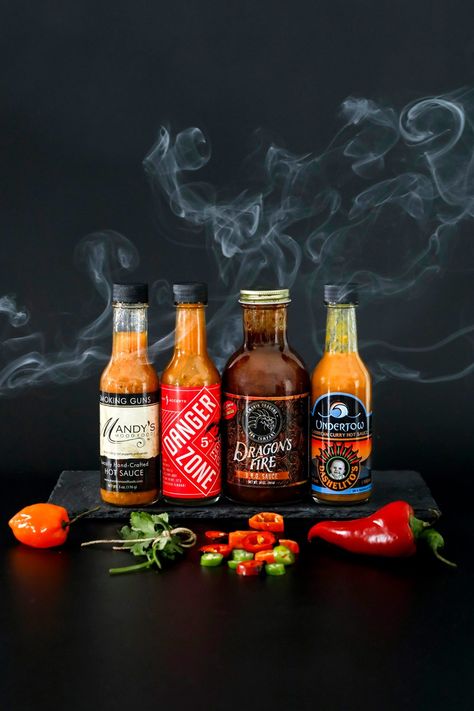 Hot Sauce Packaging, Product Photography Food, Food Photography Tutorial, Food Art Photography, Food Photoshoot, Restaurant Photography, Hot Sauces, Spice Bottles, Red Chili Flakes